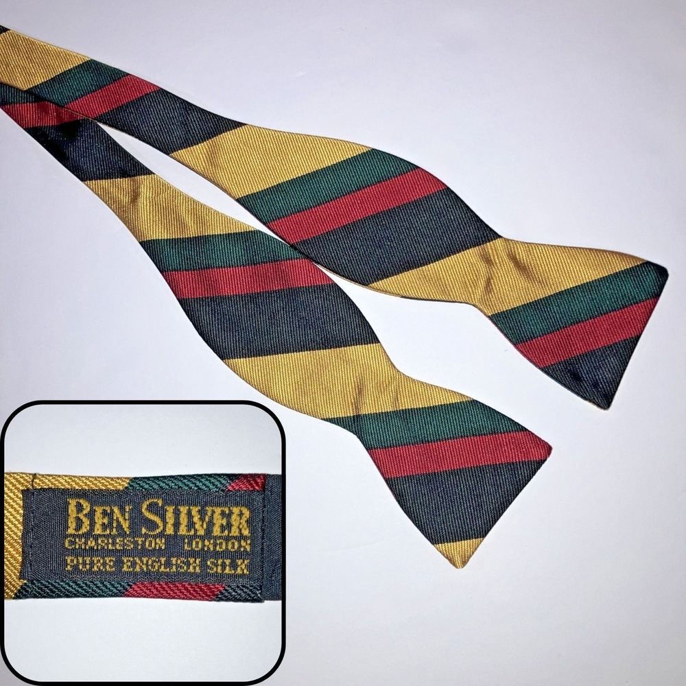 Ben Silver Bow Tie Silk Repp Stripe Yellow Red Green Self Tie Made England